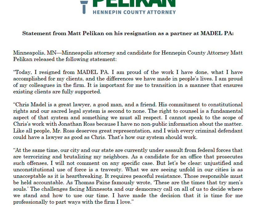 Matt Pelikan Resigns From Madel PA Amid Campaign for Hennepin County Attorney